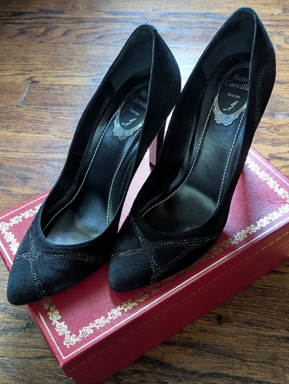 Rene Caovilla Black Suede Pointed Toe Crystal-Embellished Pumps